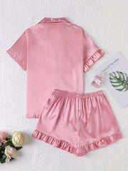Satin Pajama Set Short Sleeve Top & Ruffle Shorts