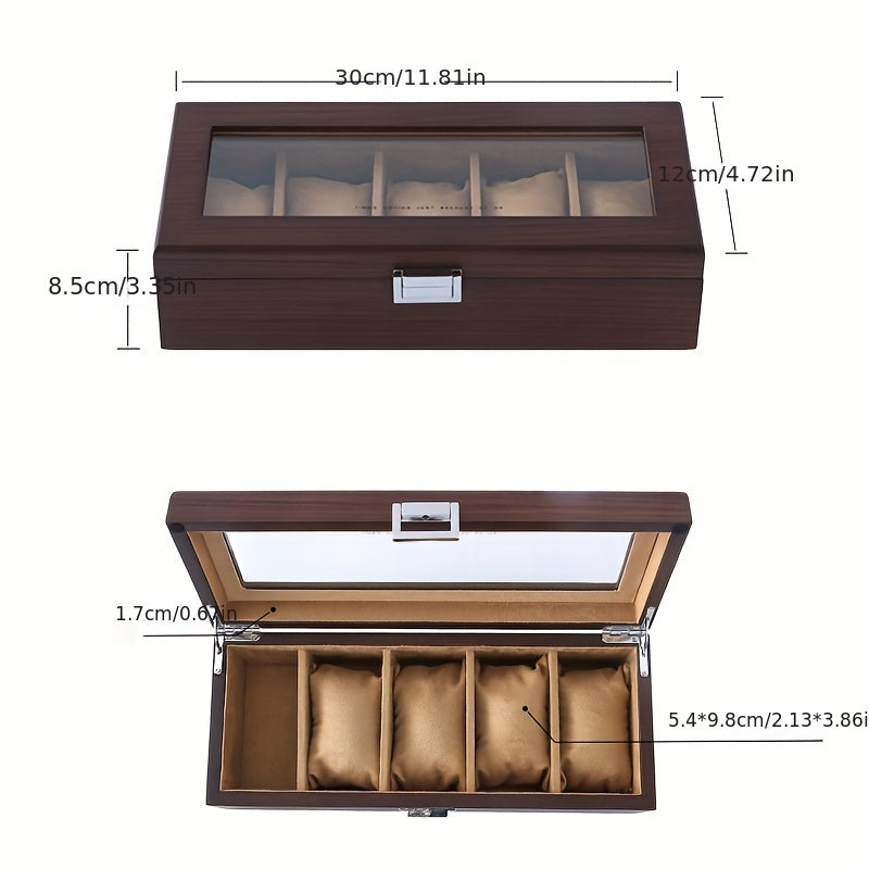 5 Grid Retro Wooden Watch Box Display Jewelry Bracelet Necklace Storage