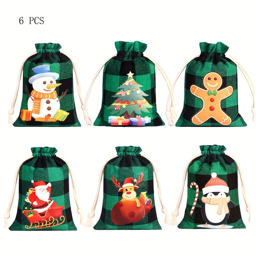 6pcs Christmas Plaid Cotton Drawstring Gift Bag for Candy Packaging