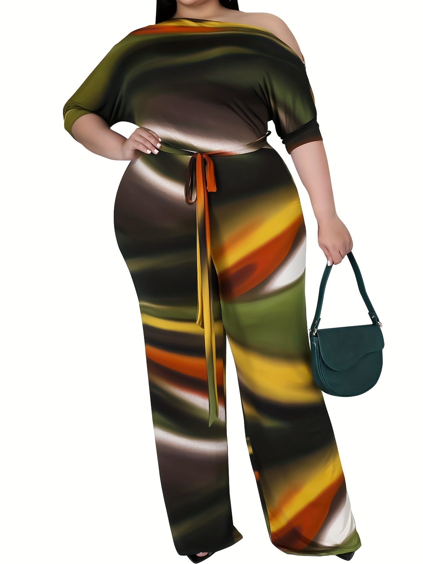 Casual Jumpsuit Print One Shoulder Long Sleeve Wide Leg