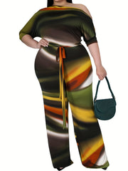 Casual Jumpsuit Print One Shoulder Long Sleeve Wide Leg