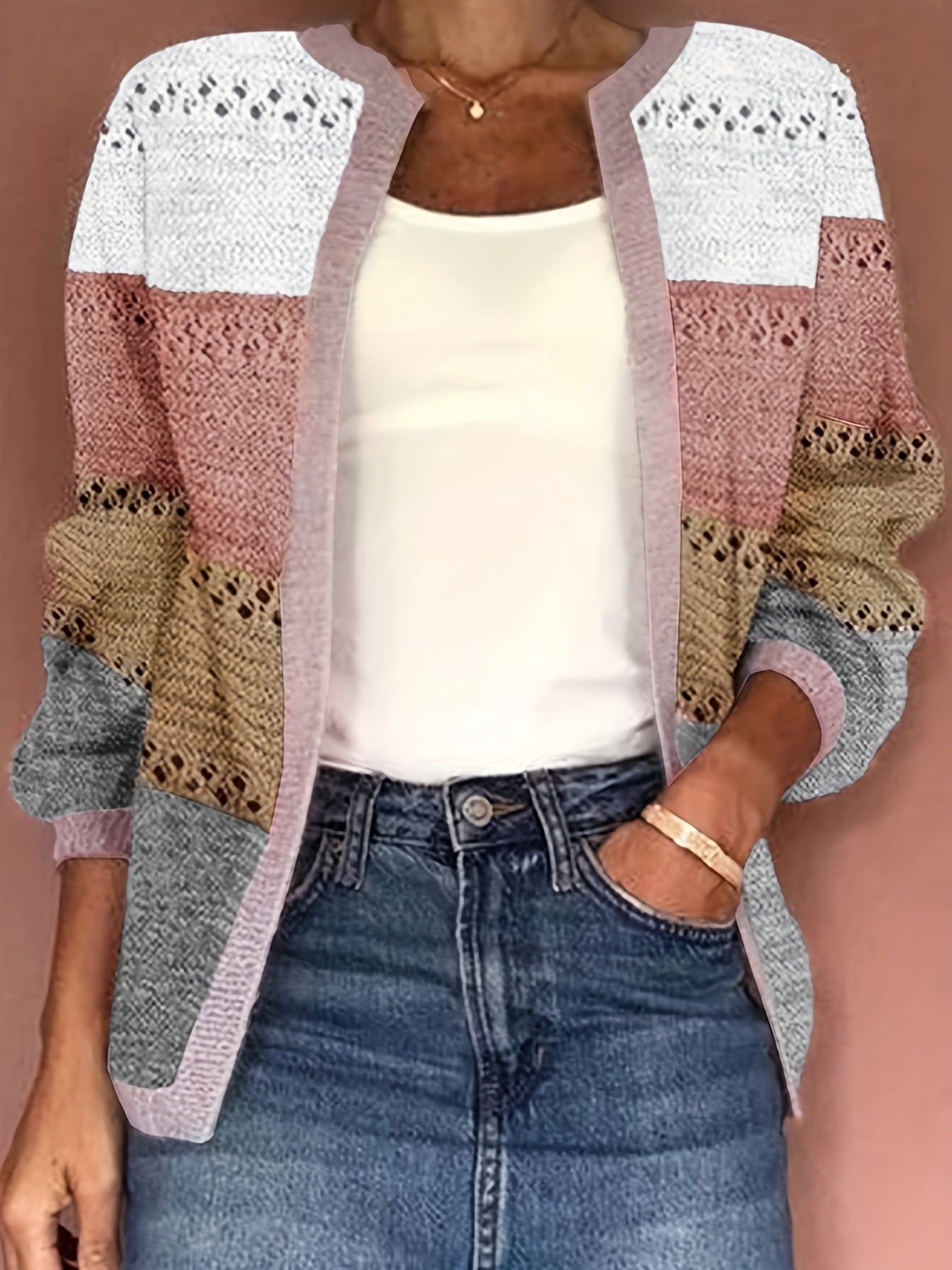 Eyelet Knit Cardigan Open Front Long Sleeve Sweater