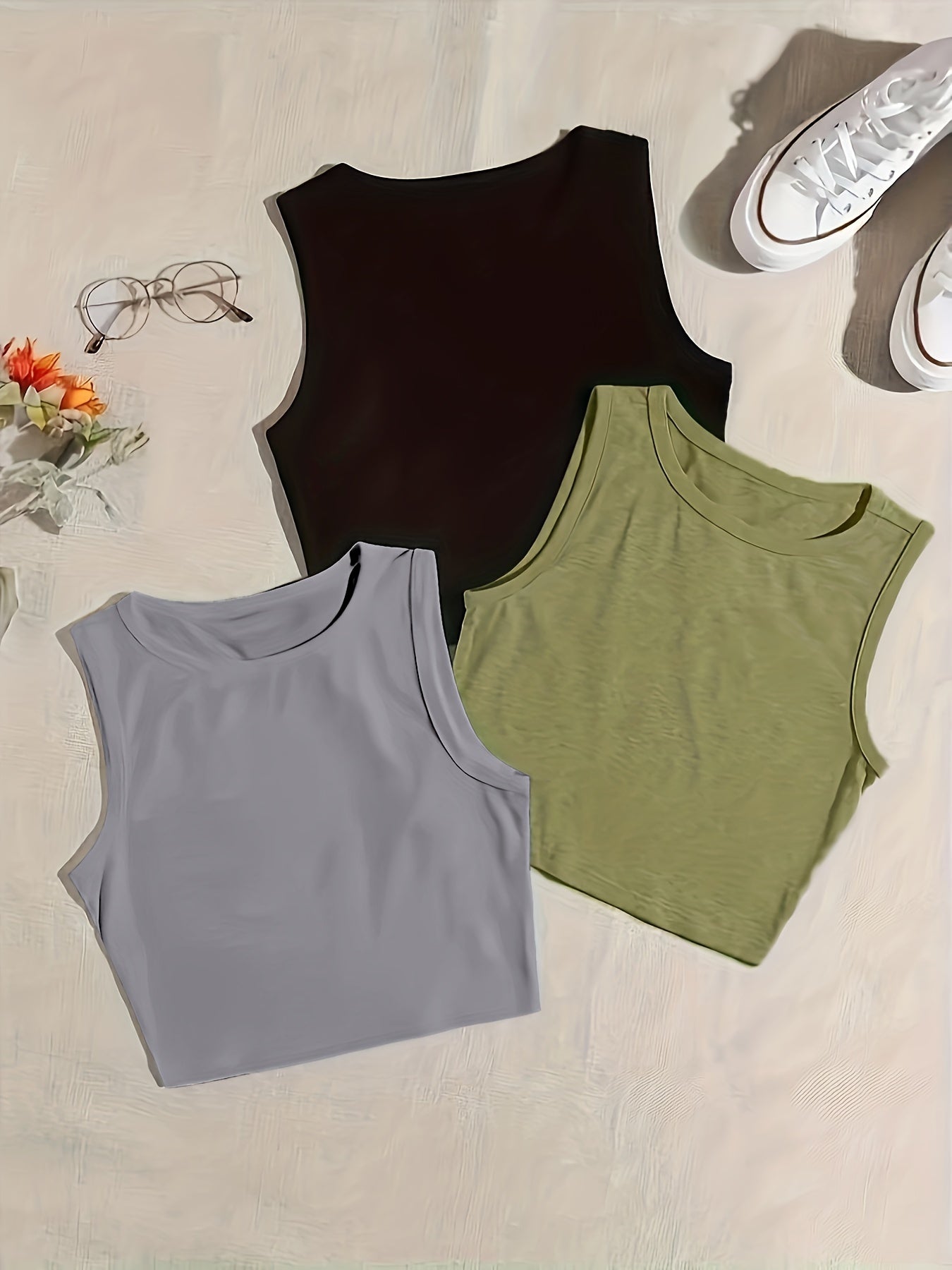 3-Pack Plus Size Basic Pajama Top Set Women's Plus Solid Round Neck Plain Crop