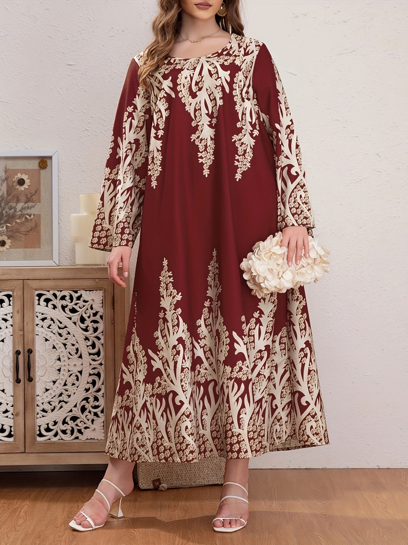 Casual Abaya Dress Women's Plus Floral Print Long Sleeve