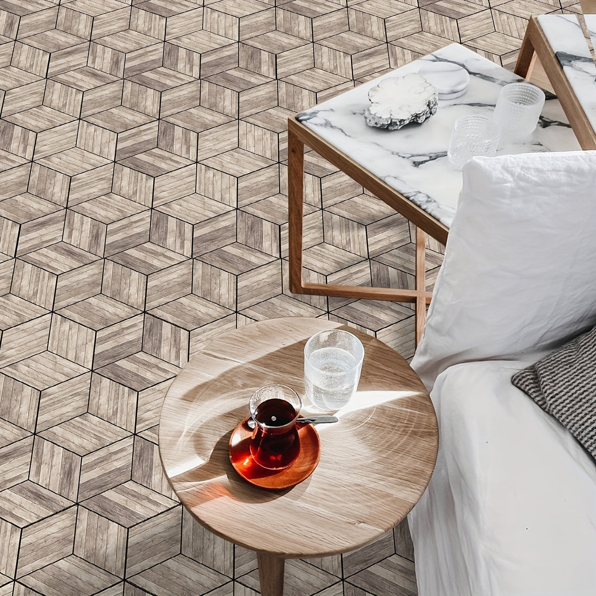 11pcs Wood Grain Hexagonal Floor Stickers Waterproof Anti-slip Home Decoration