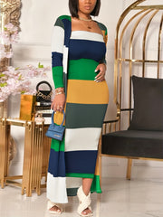 Colorblock Stripe Tube Dress & Cardigan Set