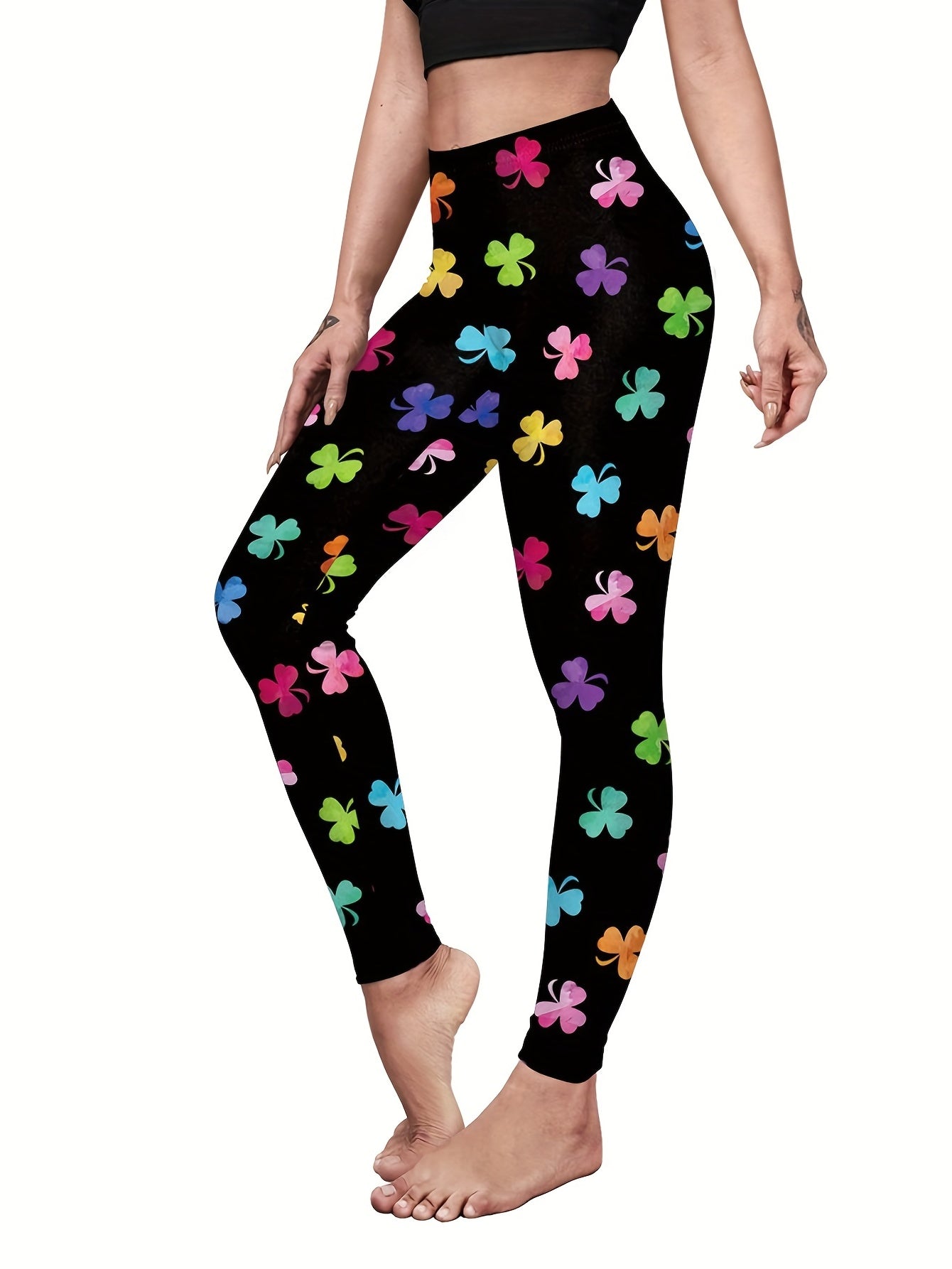 Colorful Clover Print High Rise Skinny Leggings