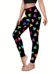 Colorful Clover Print High Rise Skinny Leggings