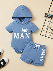 2pcs Baby Boys Little Man Hooded Onesie & Shorts Set
