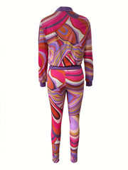 Women's Plus Print Long Sleeve Stand Collar Zipper Jacket & Pants Two Piece Set