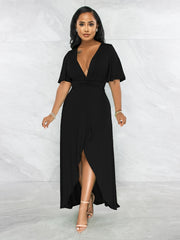 Sexy Plunging Neck Maxi Dress with Ruffle Trim