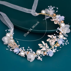 Golden Flower Bridal Headband Vines Faux Pearl Wedding Hair Accessories