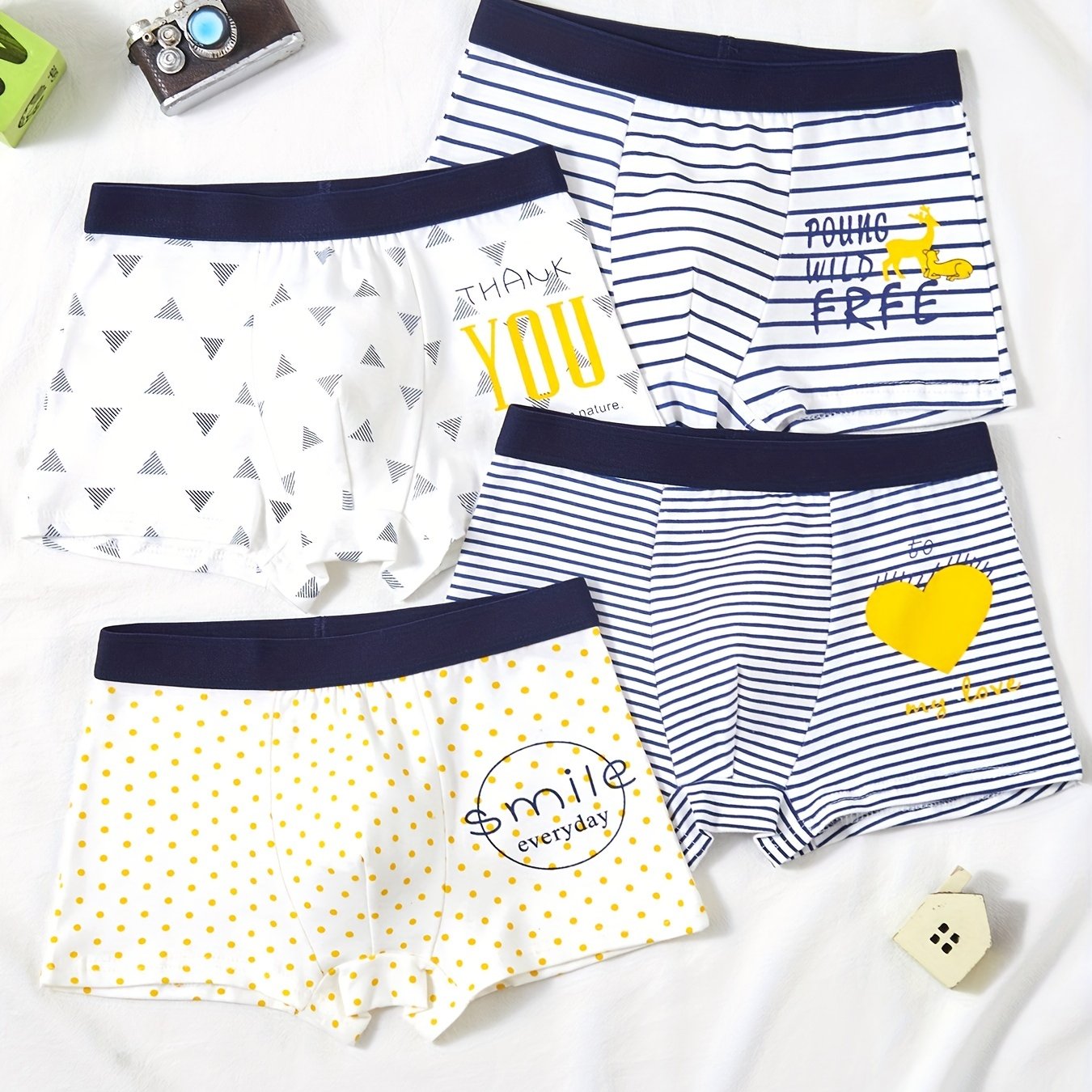 4pcs Boys Boxer Briefs Elastic Waist Stripe Polka Dot Print Soft Underwear