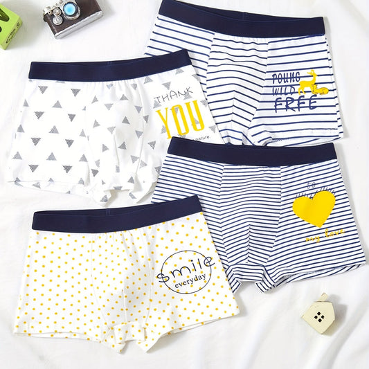 4pcs Boys Boxer Briefs Elastic Waist Stripe Polka Dot Print Soft Underwear