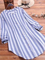Plus Stripe Print Button Up Round Neck Long Sleeve Blouse