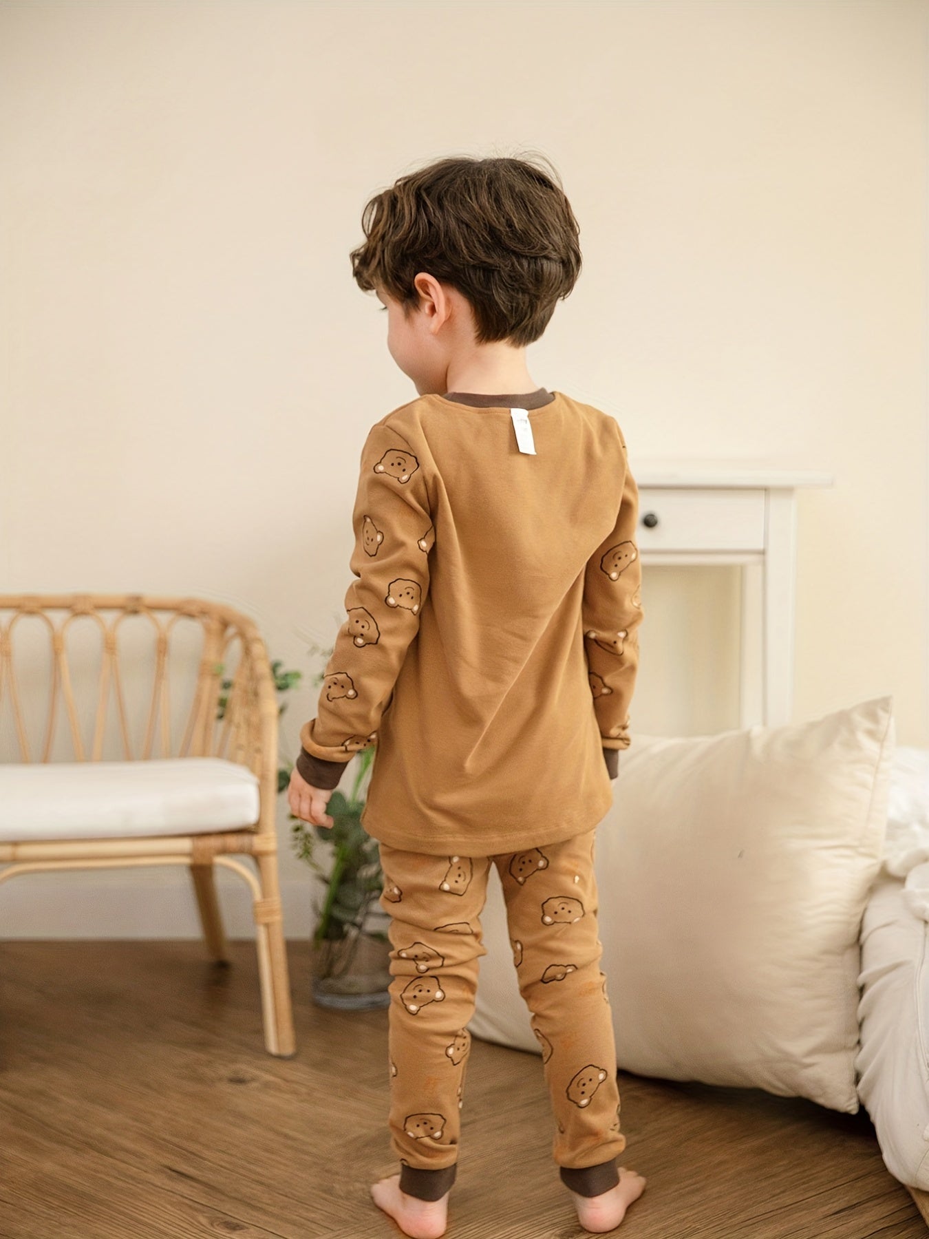 Boys Bear Print Long Sleeve Top & Trousers Cotton Pajamas Set