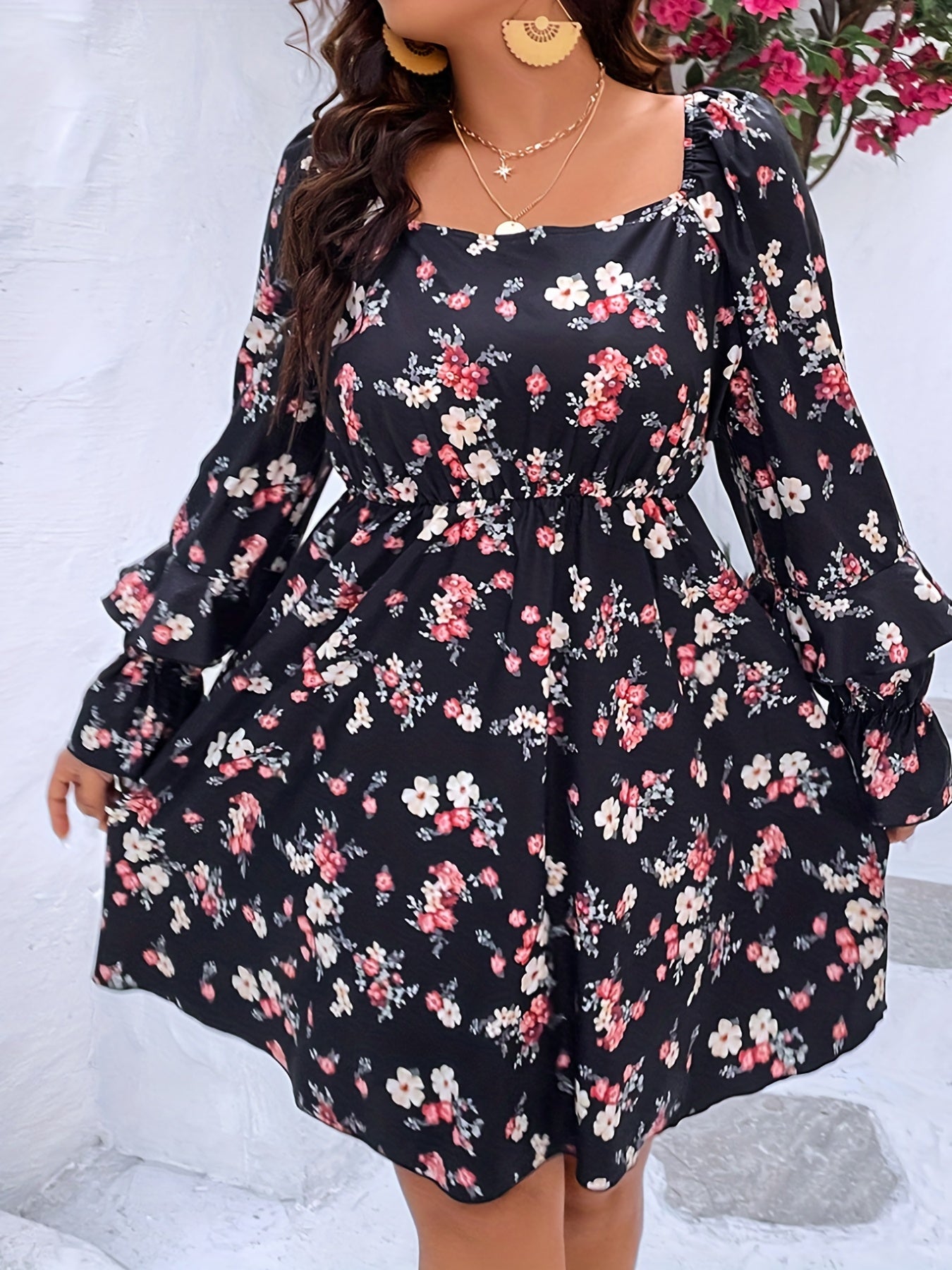 Floral Print Ruffle Trim Midi Dress