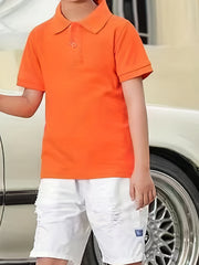 Boys Solid Polo Shirt Cotton Stretch Short Sleeves Button Up
