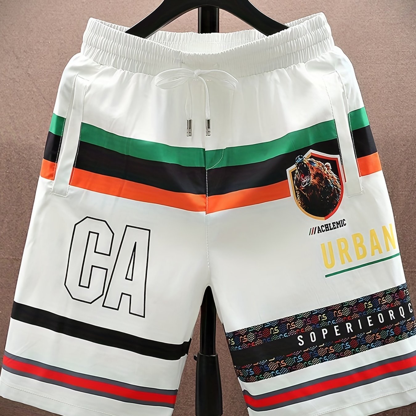 Bear Pattern Letter Print Striped Quick Drying Shorts