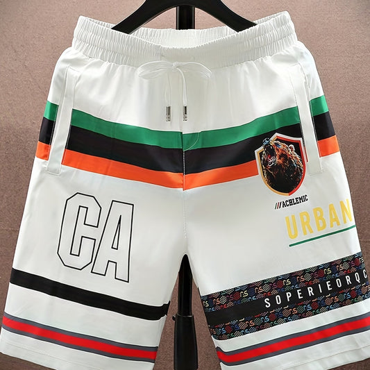 Bear Pattern Letter Print Striped Quick Drying Shorts
