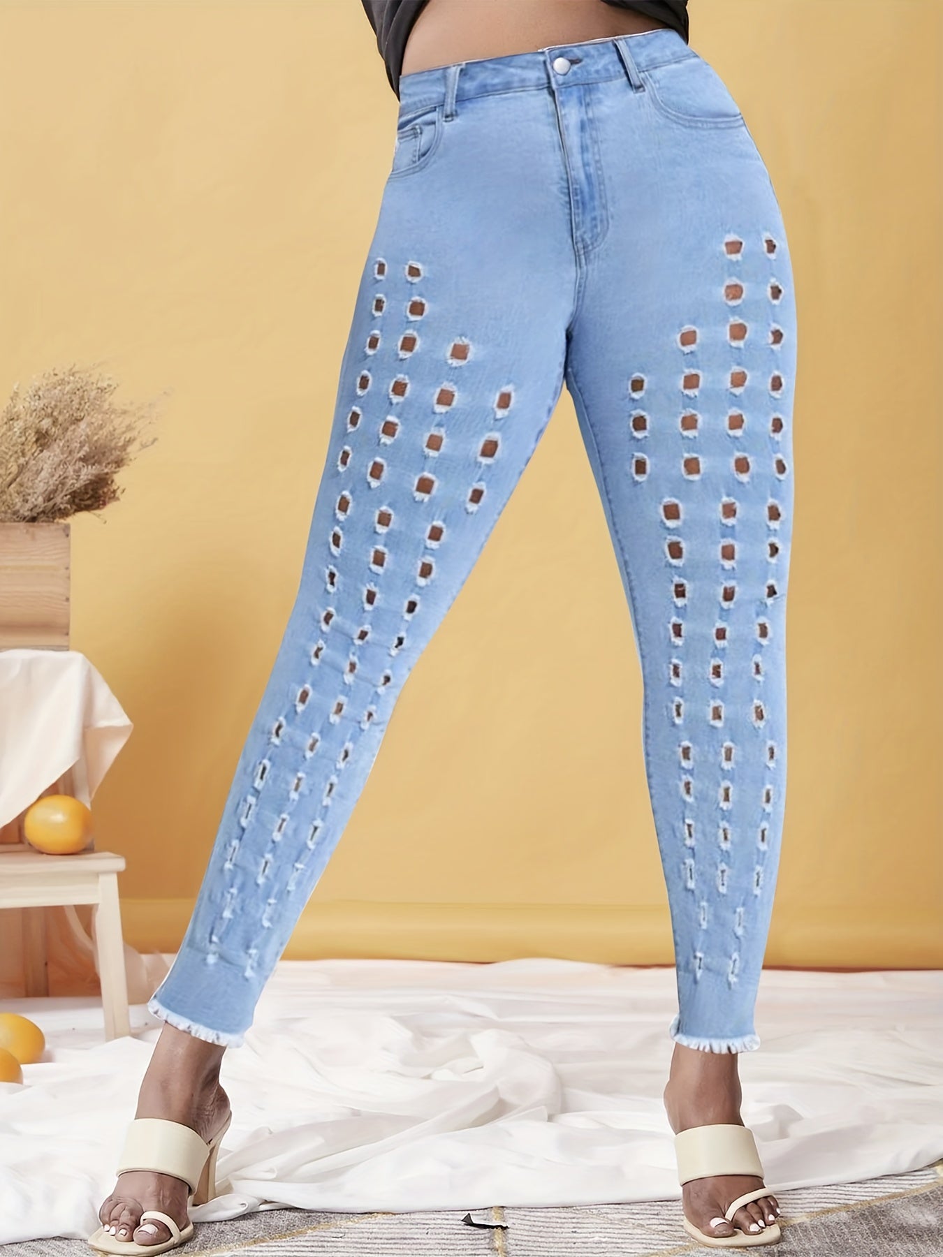 Plus Solid Button Fly High Rise Fringe Trim Skinny Jeans