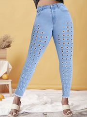 Plus Solid Button Fly High Rise Fringe Trim Skinny Jeans