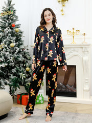 Christmas Satin Pajama Set Long Sleeve Blouse & Elastic Waistband Pants