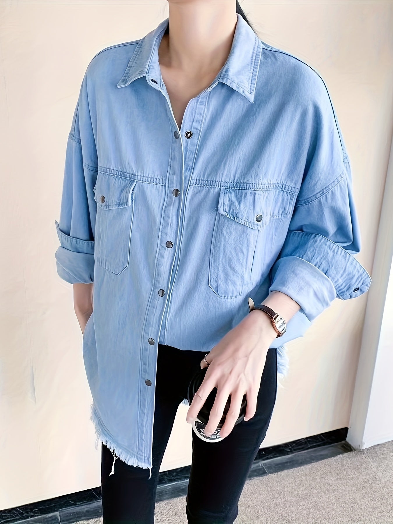 Women's Plus Casual Denim Blouse Solid Button Long Sleeve
