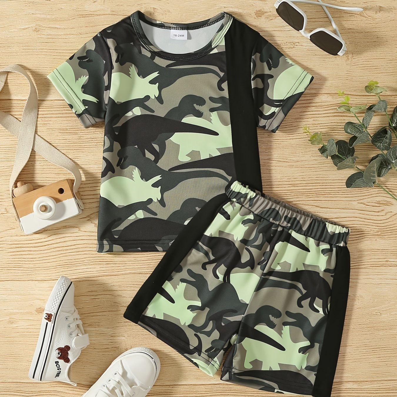 Boys Camo Dino Outfit Shorts & T shirt Crew Neck Casual Summer Clothes