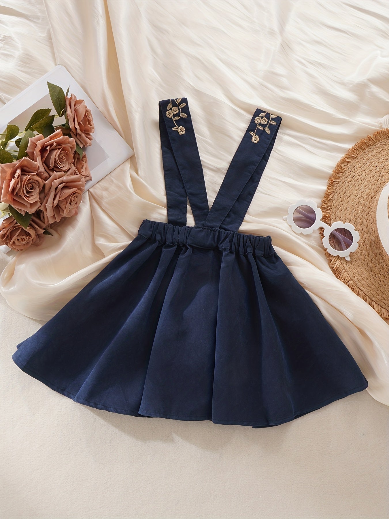 Girls Embroidered Straps Overalls Skirt Elastic Waist