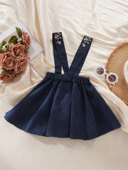 Girls Embroidered Straps Overalls Skirt Elastic Waist