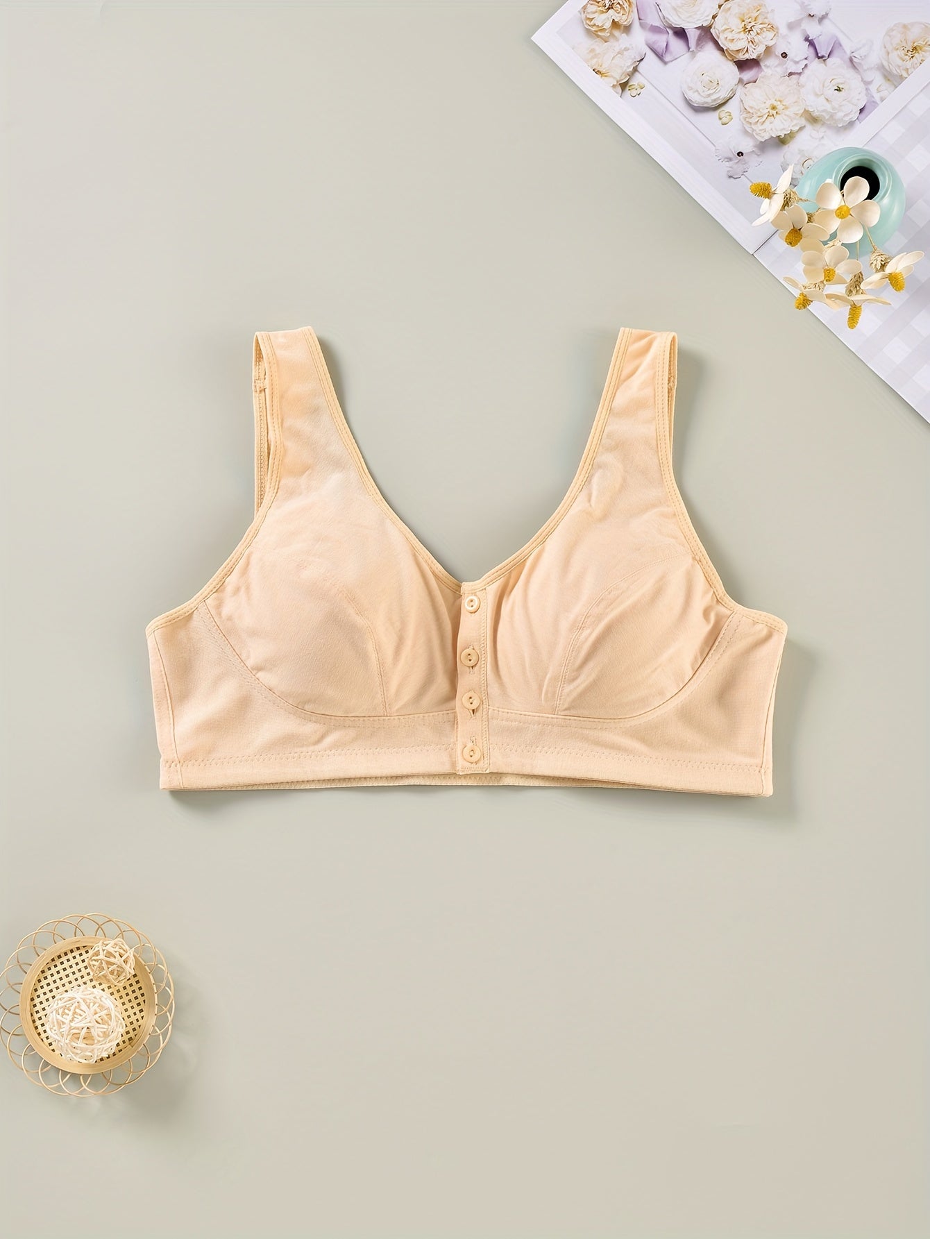 Plus Size Bra Women's Plus Solid Buckle Front Comfort Wireless Wide Straps Bra