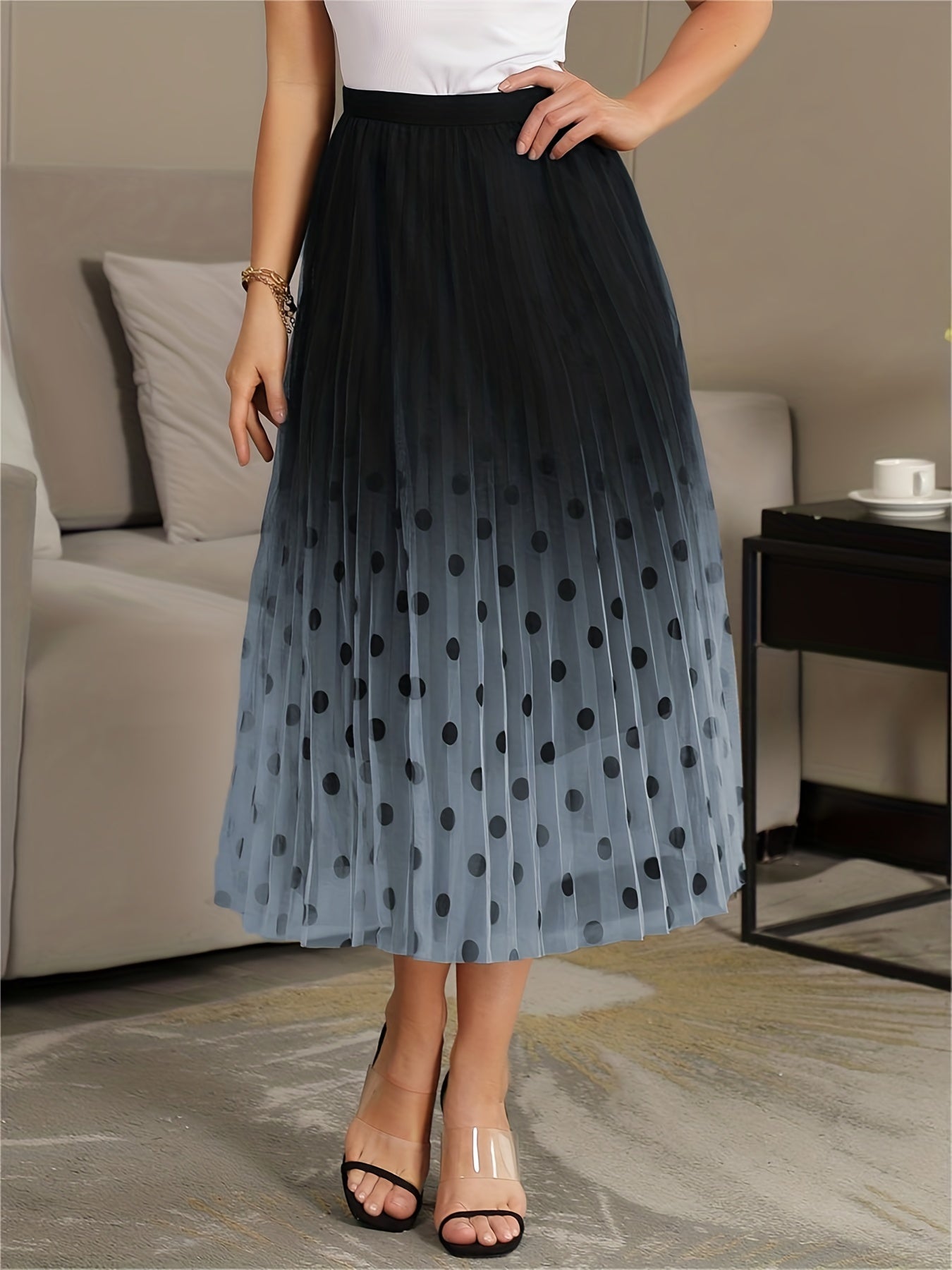 Polka Dot Gradient Pleated Maxi Skirt
