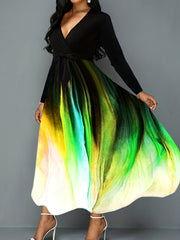 Colorblock Ombre Print Maxi Dress With Belt