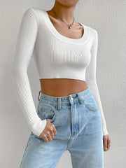 Solid Scoop Neck Crop Sweater Long Sleeve Slim Sweater For Spring & Fall
