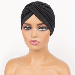 Cross Knot Pleated Turban Cap Solid Head Wrap Elastic Head Scarf