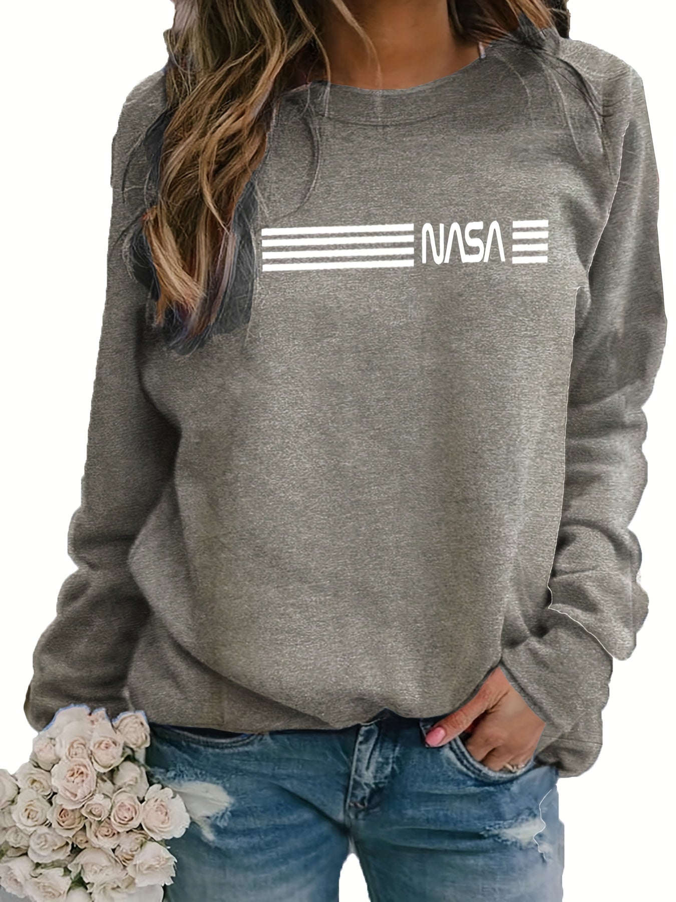 Letter Print Crew Neck Sweatshirt Women's Clothing