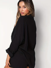 Solid Two Piece Shorts Set Button Front Shirt & Drawstring Shorts