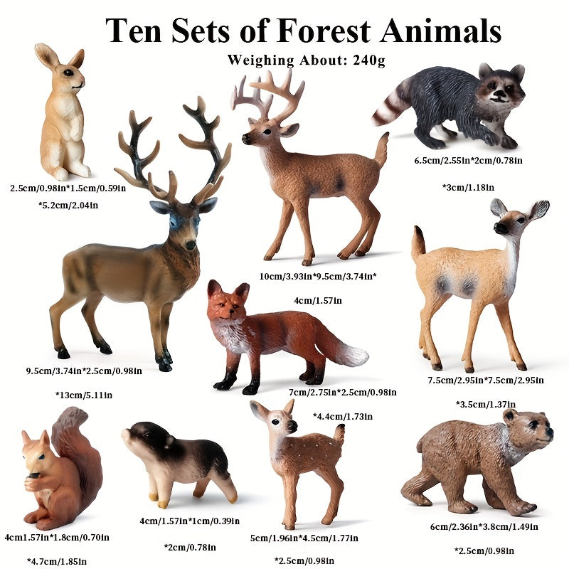 10PCS Forest Wild Animals Model Set Deer Fox Squirrel Rabbit Action Figures