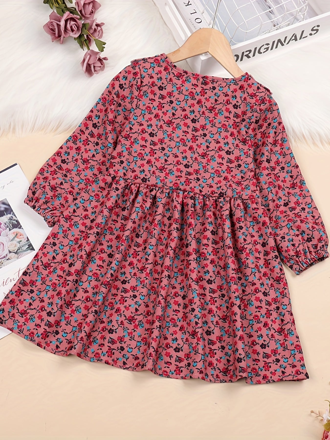 Girls' Corduroy Long Sleeve Floral Round Neck Dress