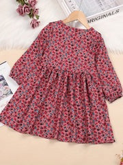 Girls' Corduroy Long Sleeve Floral Round Neck Dress