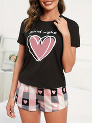 Heart Print Lounge Set Crew Neck Short Sleeve Top & Plaid Shorts