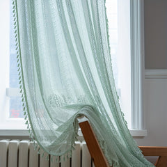 Green Translucent Curtain Rural Hollow Boho Macrame Tassels Window Drapes