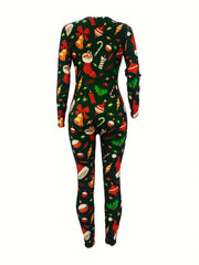 Christmas Print Lounge Jumpsuit Long Sleeve V Neck Buttons Jumpsuit