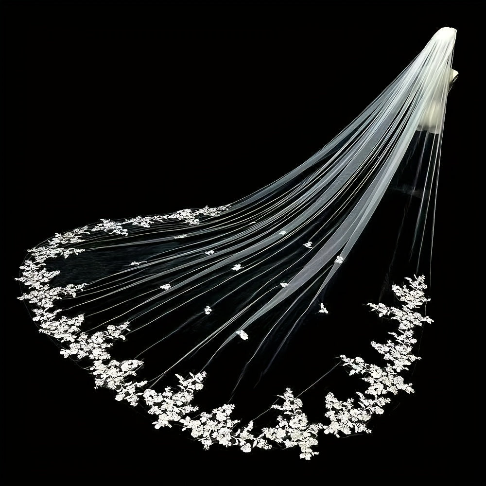 Vintage Lace Bridal Wedding Veil with Floral Patterns Train