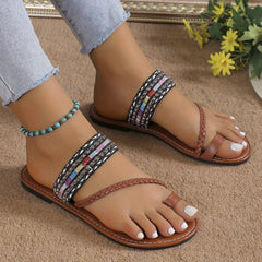 Boho Style Toe Loop Flat Slides Beach Sandals