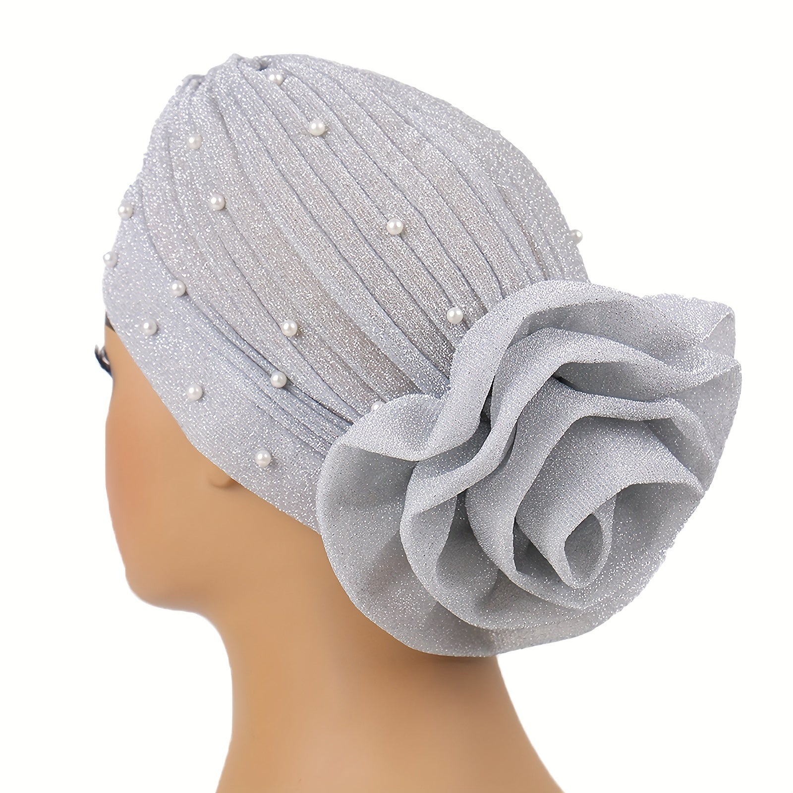 Gray Glitter Plate Flower Turban Cap Pleated Head Wrap
