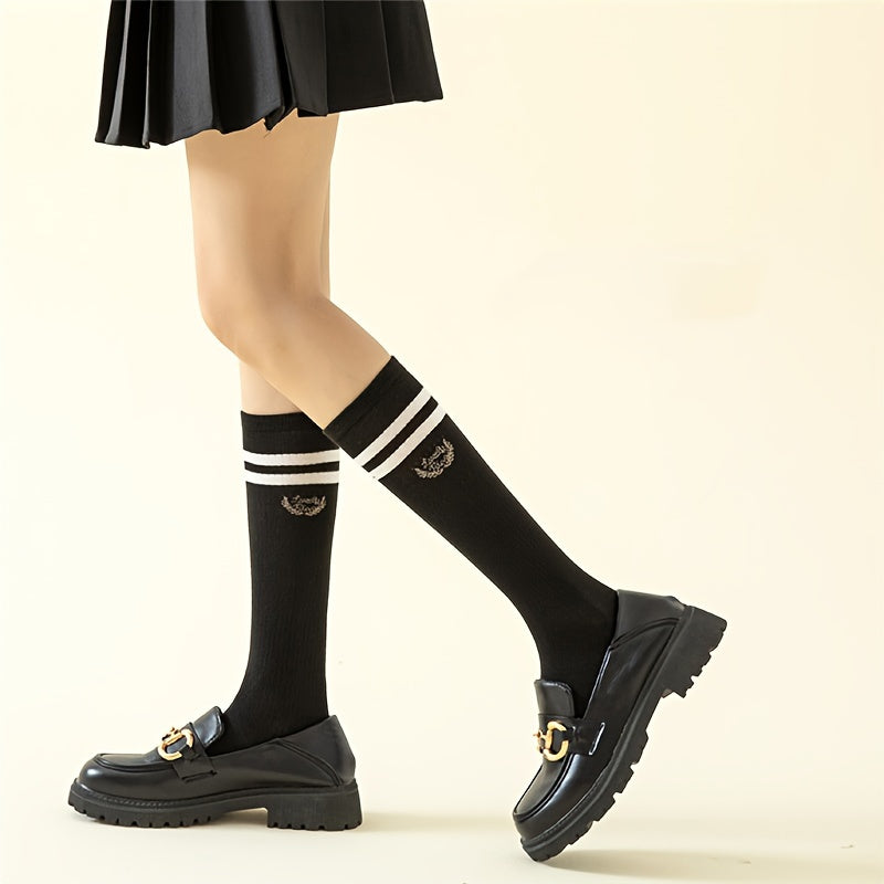 6 Pairs Striped Calf Socks College Style Women's Knee High Stockings