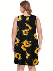 Sunflower Print Tank Dress With Pockets