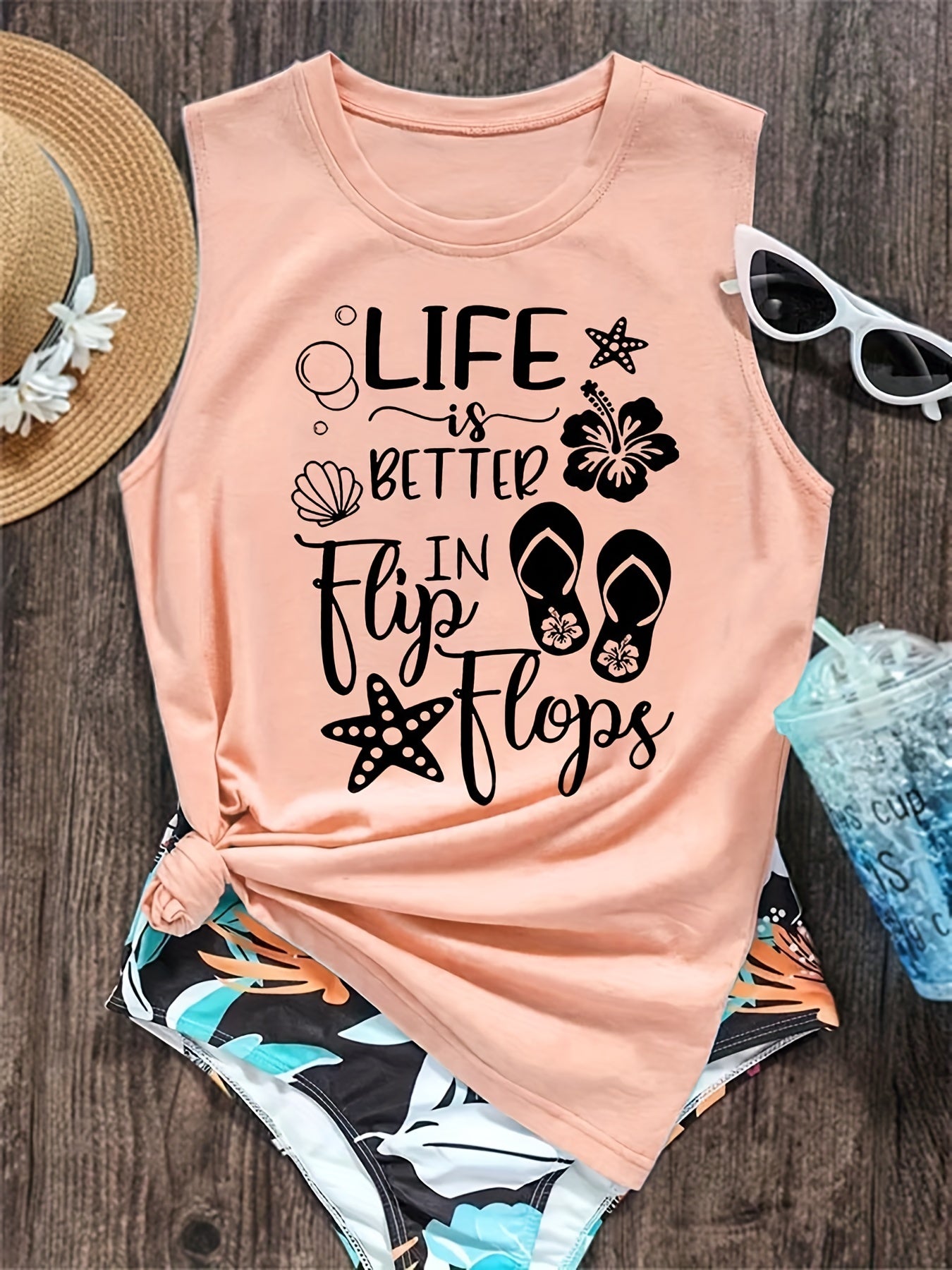 Letter Print Tank Top Crew Neck Sleeveless Summer Beach Women's Tank Top
